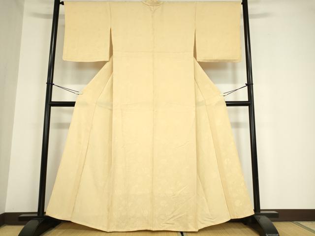 平和屋着物▽上質な色無地　単衣　牡丹唐草地紋　薄香色　正絹　逸品　DAAV5995az 平和屋着物▽上質な色無地 単衣 牡丹唐草地紋 薄香色