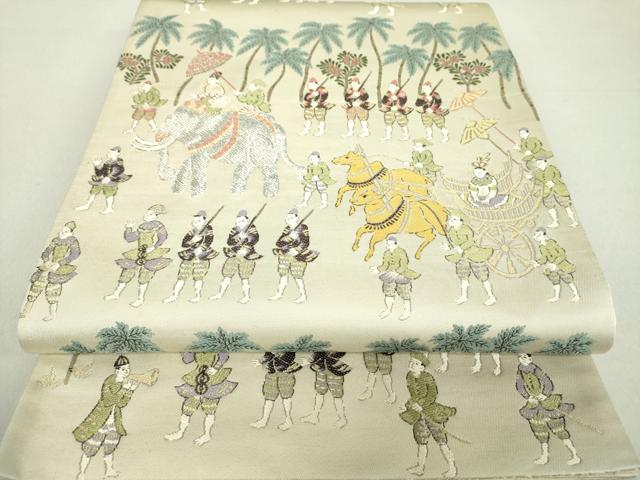 平和屋着物●六通柄袋帯　織全九蔵文様　象　駱駝　金糸　正絹　逸品　DAAV6041ps
