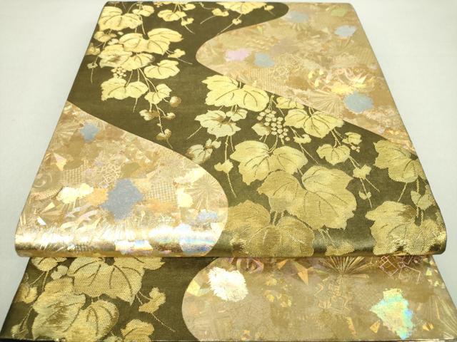 平和屋着物●金彩友禅作家　金彩の魔術師　堀省平　金煌織　六通柄袋帯　葡萄蔦の葉文　金銀彩　正絹　逸品　DAAV6051ps