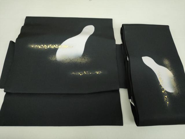 平和屋着物●塩瀬　つけ帯　瓢箪　黒地　金彩　正絹　逸品　DAAV6098ps