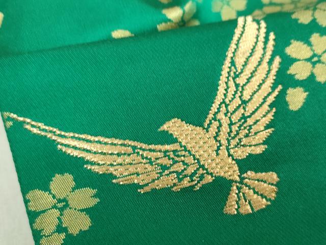 平和屋着物○染色作家 斉藤三才 太鼓柄袋帯 三才鳥 水柿色 金彩