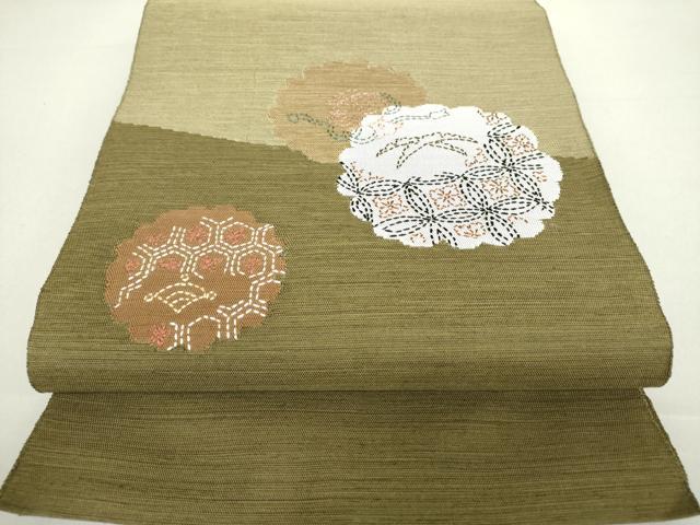 平和屋着物●八寸名古屋帯　紬地　刺し子　総刺繍　雪輪花文　正絹　逸品　DAAV6110ps