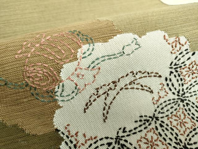 平和屋着物○八寸名古屋帯 紬地 刺し子 総刺繍 雪輪花文
