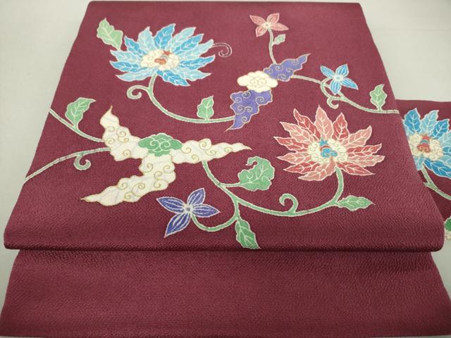 平和屋着物●九寸名古屋帯　更紗花文　鬼しぼ縮緬　金彩　正絹　逸品　DAAV6217ps