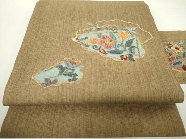 平和屋着物●中国三大刺繍　相良刺繍　総刺繍　九寸名古屋帯　紬地　草花文　正絹　逸品　未使用　DAAV6223ps