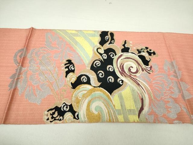平和屋着物○アンティーク 大正ロマン 太鼓柄 本袋帯 唐織 唐獅子 渡橋花文