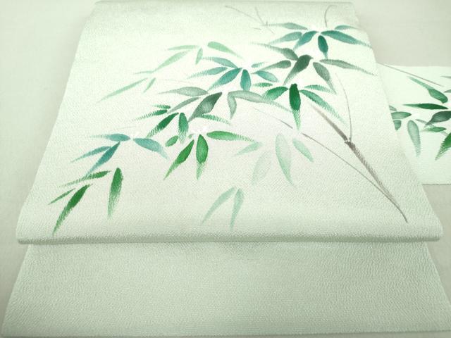 平和屋着物●九寸名古屋帯　手描き　笹竹花文　鬼しぼ縮緬　正絹　逸品　未使用　DAAV6269ps