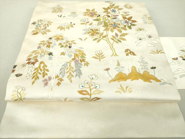 平和屋着物●極上　九寸名古屋帯　駒刺繍　枝花文　金銀糸　正絹　逸品　DAAV6273ps