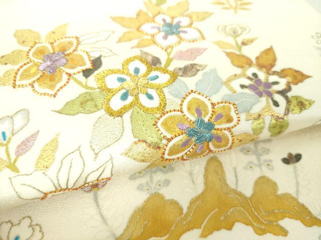平和屋着物○極上 九寸名古屋帯 駒刺繍 枝花文 金銀糸