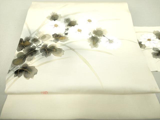 塩瀬 九寸名古屋帯 作家物 草花文 正絹 名古屋帯 正絹 塩瀬 手描きの