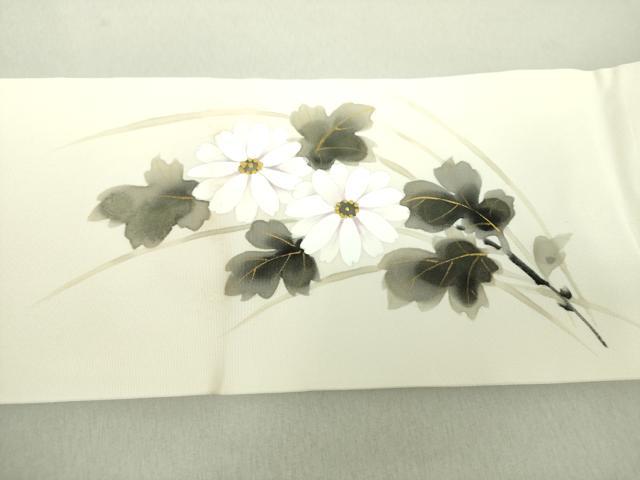 平和屋着物○塩瀬 九寸名古屋帯 作家物 手描き 草花文 金彩 正絹