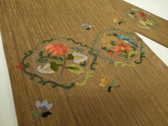 平和屋着物○九寸名古屋帯 紬地 絽刺し 総刺繍 花鳥更紗