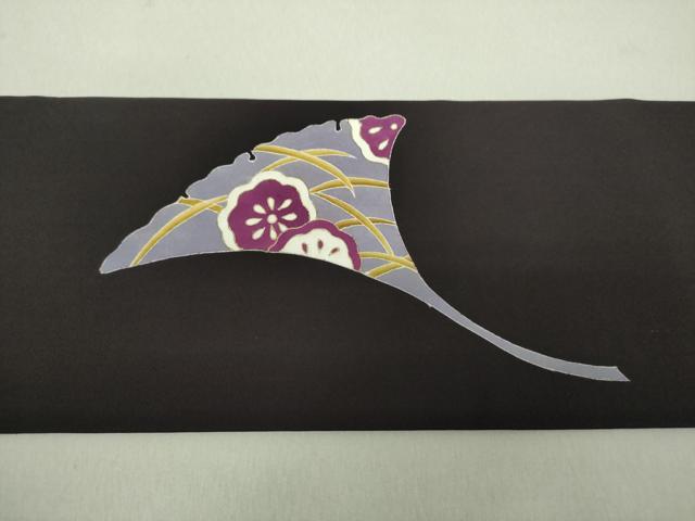 平和屋着物●塩瀬　九寸名古屋帯　銀杏花文　黒地　金彩　正絹　逸品　DAAV6291ps 平和屋着物○塩瀬 九寸名古屋帯 銀杏花文 黒地 金彩 正絹 逸品