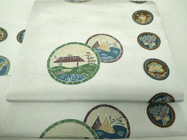 平和屋着物●九寸名古屋帯　型染　流水花舟丸文　鬼しぼ縮緬　正絹　逸品　未使用　DAAV6310ps