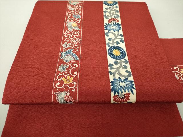 栗山吉三郎 ちりめん 和染 紅型 九寸 名古屋帯 新品 未仕立て 栗山吉三郎 名古屋帯 栗山紅型 和染紅型 紅型染 濃水色 月下