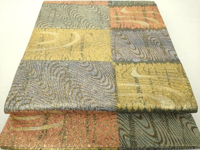 平和屋着物●石川県指定無形文化財　牛首紬　白山工房　手織り　全通柄袋帯　市松流水木目文　金彩　正絹　逸品　DAAV6327ps