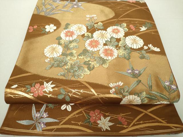 平和屋着物●ファッションデザイナー　花井幸子　六通柄袋帯　唐織　草花文　金糸　正絹　逸品　DAAV6341ps