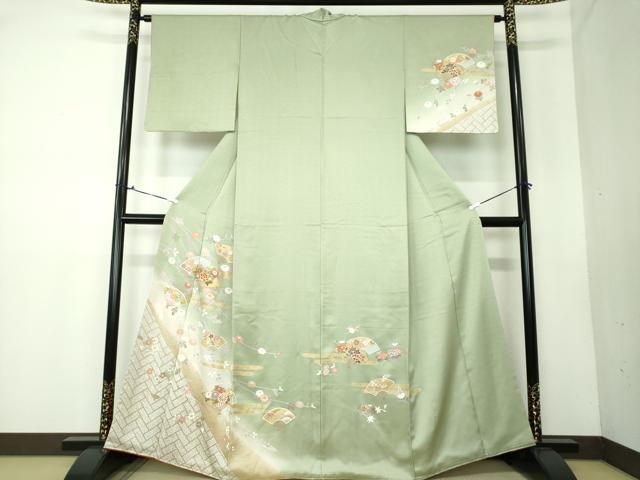 平和屋着物●訪問着　駒刺繍　扇面花文　暈し染め　金彩　正絹　逸品　DAAV6359ps