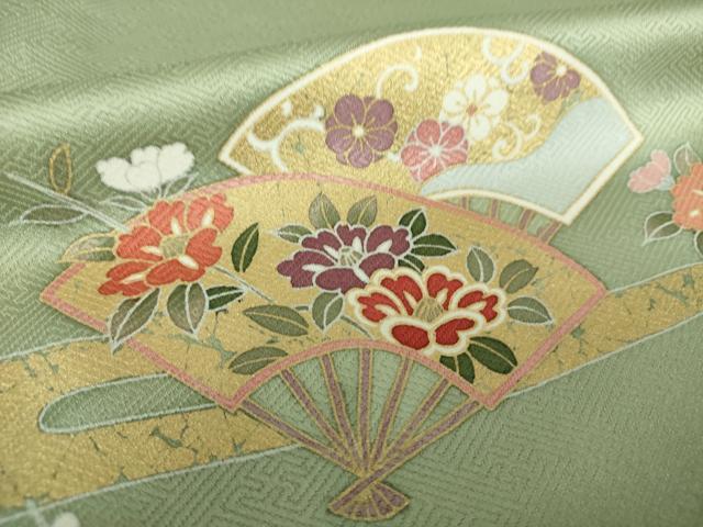 美品　訪問着　金彩扇面に菊郡鶴模様金駒刺繍　4点セット 美品 訪問着 金彩扇面に菊郡鶴模様金駒刺繍 4点