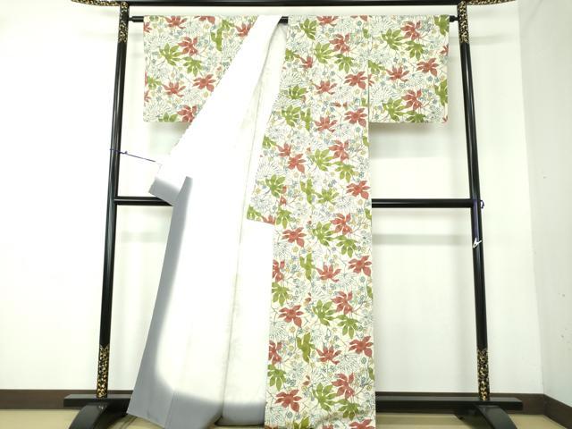 平和屋着物■上質な小紋　風景花松文　鬼しぼ縮緬　正絹　逸品　未使用　AAAM1557Agk 平和屋着物▽上質な小紋 単衣 型染め 風景草花文 鬼しぼ