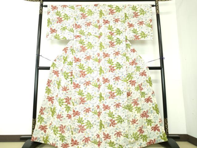 平和屋着物●上質な小紋　型染　枝花文　鬼しぼ縮緬　正絹　逸品　DAAV6373ps