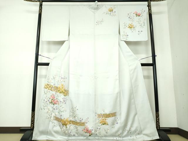 D537 訪問着　花模様　金彩　正絹　着物　袷　しつけ糸付き未使用極美品 平和屋着物○訪問着 駒刺繍 草花文 金彩 正絹 逸品 未使用