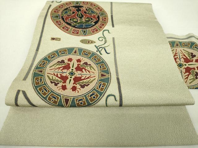 平和屋着物●九寸名古屋帯　鳥獣丸文　鬼しぼ縮緬　正絹　逸品　未使用　DAAV6449ps