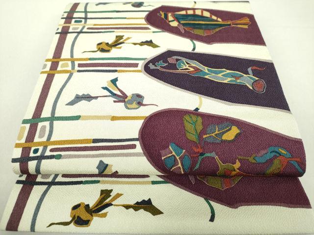 平和屋着物●全通柄九寸開き名古屋帯　成り物　魚　鬼しぼ縮緬　金彩　正絹　逸品　DAAV6455ps