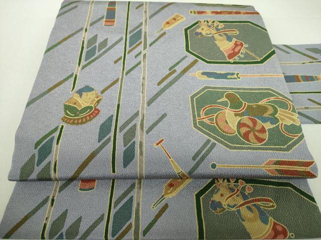 平和屋着物●全通柄九寸名古屋帯　玩具文様　鬼しぼ縮緬　金彩　正絹　逸品　未使用　DAAV6458ps