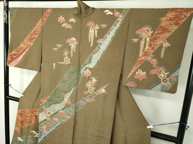 平和屋着物○訪問着 絞り 刺繍 草花文 黒地 金彩 ロング丈 正絹 逸品