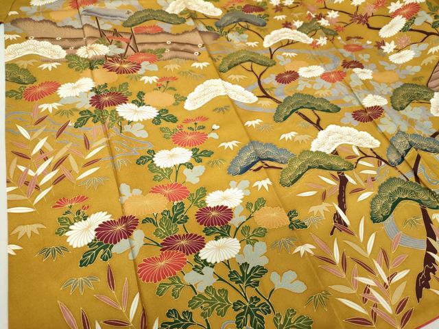 平和屋着物●豪華振袖　駒刺繍　渡橋風景花文　金彩　正絹　逸品　DAAV6609ps 平和屋着物○豪華振袖 駒刺繍 渡橋風景花文 金彩 正絹 逸品 DAAV6609ps