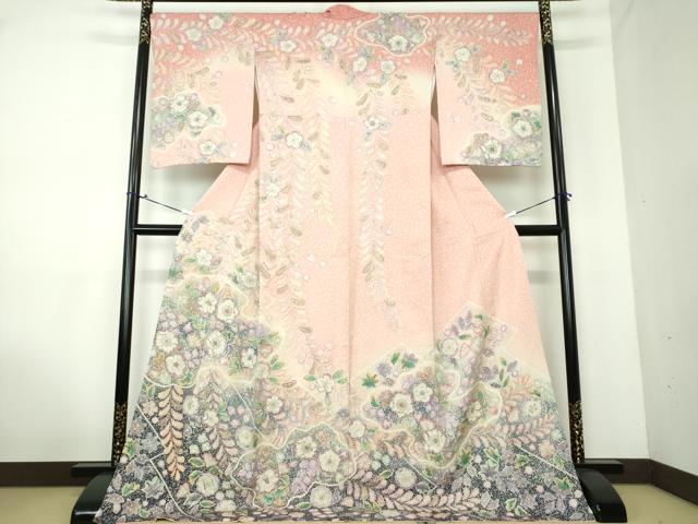 平和屋着物●訪問着　絞り　辻が花　暈し染め　金通し地　ロング丈　正絹　逸品　DAAV6617ps