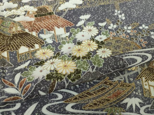 平和屋着物○訪問着 駒刺繍 渡橋風景花文 たたき染め 金彩 正絹