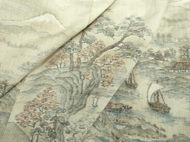 平和屋着物●小千谷紬　風景文　帆掛け舟　正絹　逸品　未使用　DAAV6652ps