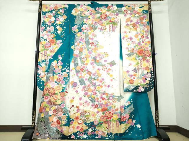 平和屋着物●豪華振袖　駒刺繍　枝垂れ桜　地紙吉祥花文　暈し染め　金彩　銀通し地　正絹　逸品　DAAV6668ps