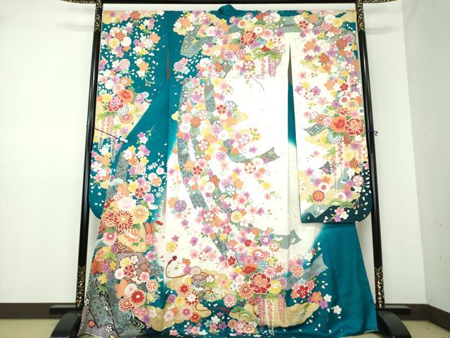 平和屋着物●豪華振袖　駒刺繍　枝垂れ桜　地紙吉祥花文　暈し染め　金彩　銀通し地　正絹　逸品　DAAV6669ps
