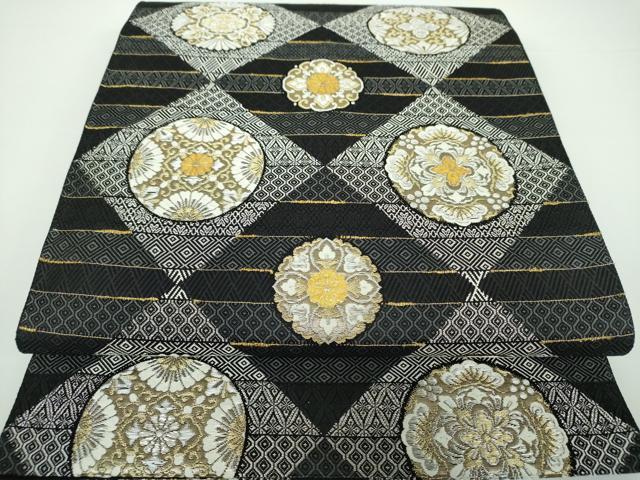 平和屋着物●西陣　じゅらく謹製　六通柄袋帯　黄金繭　花菱丸文　黒地　金銀糸　正絹　逸品　DAAV6738ps