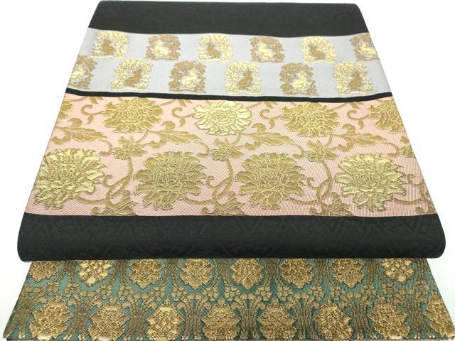 平和屋着物●全通柄袋帯　名物裂　彩　花兎　黒地　金糸　正絹　逸品　DAAV6754ps