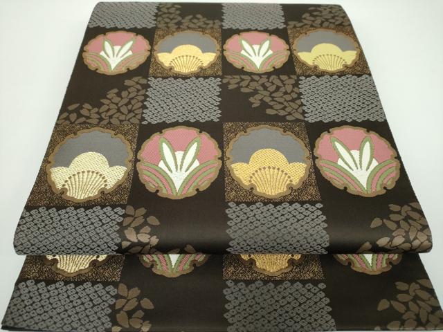 平和屋着物●六通柄袋帯　唐織　変わり市松　雪輪花兎　金糸　正絹　逸品　DAAV6755ps