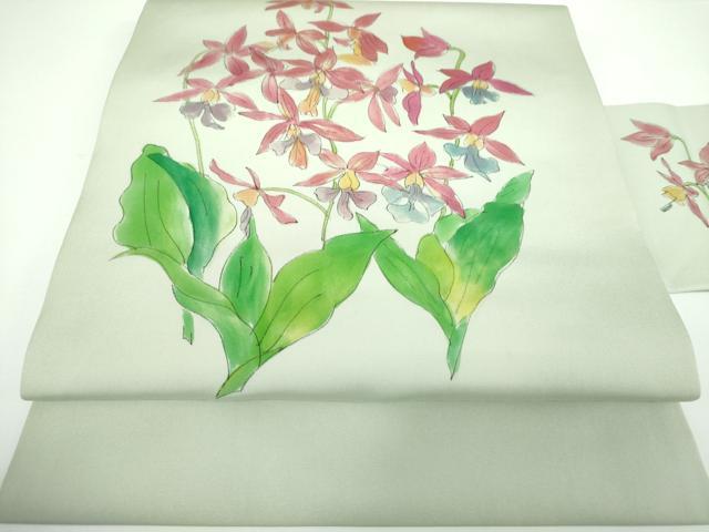 平和屋着物●塩瀬　九寸名古屋帯　手描き　草花文　正絹　逸品　DAAV6809ps