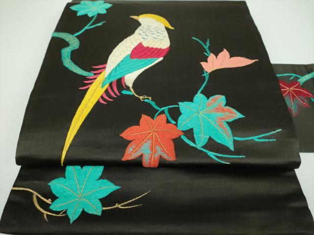 平和屋着物●アンティーク　大正ロマン　九寸名古屋帯　総手刺繍　休み鳥　楓　黒地　金糸　正絹　逸品　DAAV6814ps