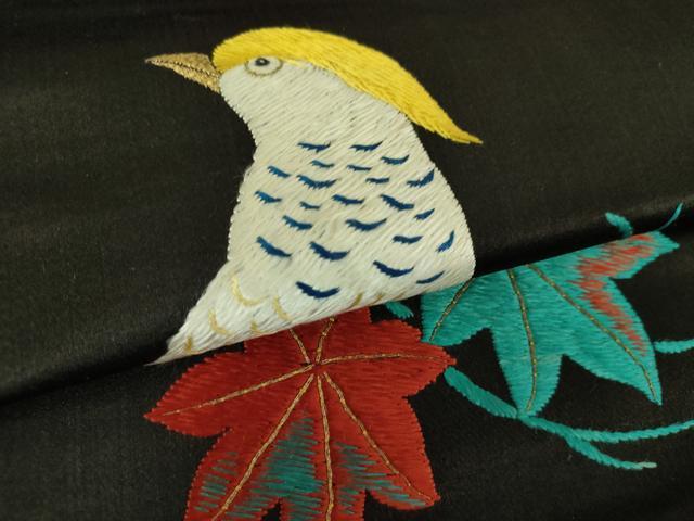 平和屋着物○アンティーク 大正ロマン 九寸名古屋帯 総手刺繍 休み鳥