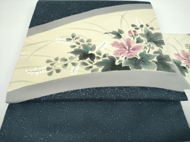 平和屋着物●九寸名古屋帯　手描き　草花文　たたき染め　正絹　逸品　DAAV6821ps