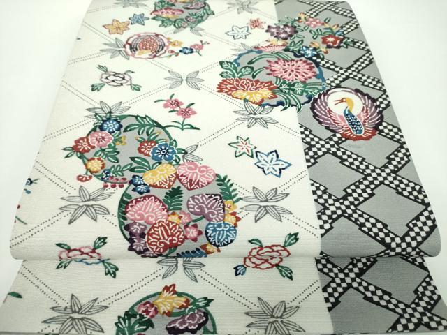 平和屋着物●全通柄袋帯　型染　鶴の丸　吉祥花丸文　正絹　逸品　未使用　DAAV6889ps