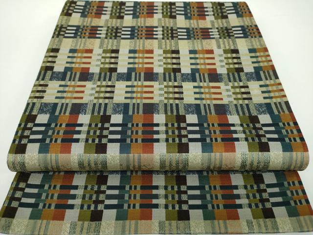 平和屋着物●両面　全通柄袋帯　格子　正絹　逸品　DAAV6903ps