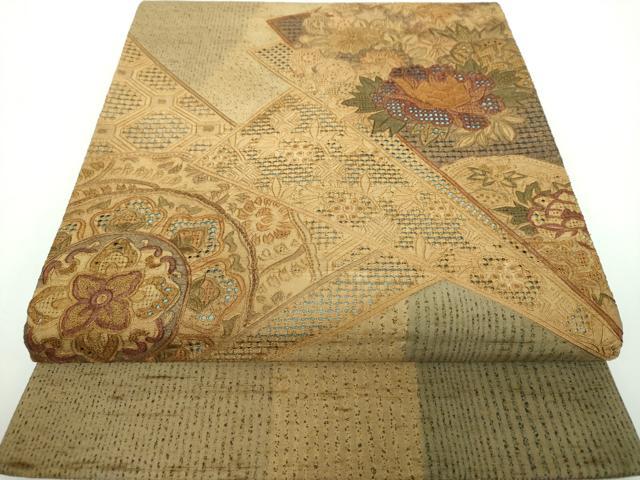 平和屋着物●中国三大刺繍　スワトウ相良刺繍　汕頭相良刺繍　総刺繍　太鼓柄袋帯　紬地　色紙重ね花文　金彩　正絹　逸品　DAAV6913ps