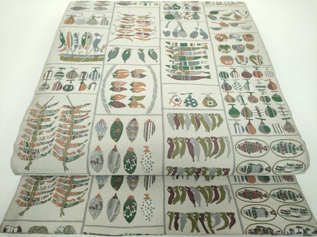 平和屋着物●極上 本場筑前博多織 草木染 手織工房 染匠：小森久 両面 全通柄袋帯 歩久都 成り物 魚 正絹 逸品 未使用 DAAV6914ps