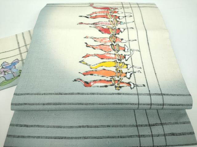 平和屋着物●九寸名古屋帯　紬地　作家物　手描き　成り物　唐辛子　正絹　逸品　未使用　DAAV6923ps