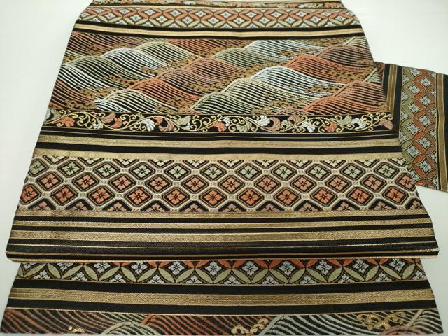 平和屋着物●九寸名古屋帯　唐織　横段立波花文　黒地　金糸　正絹　逸品　DAAV6926ps
