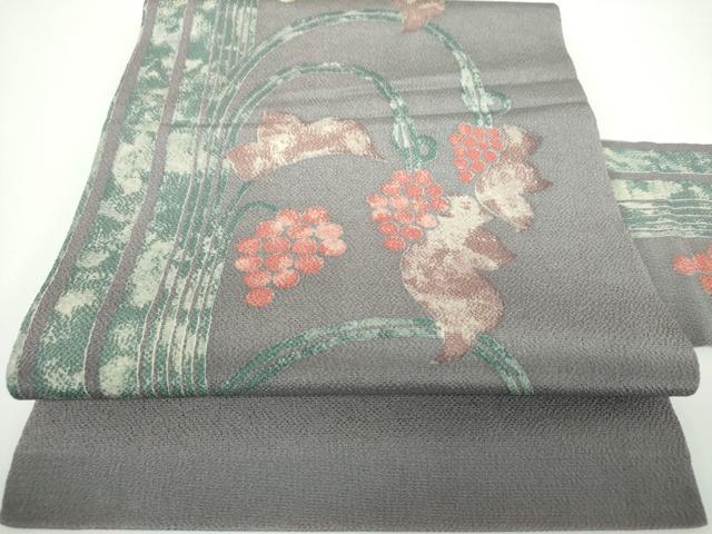 平和屋着物●九寸名古屋帯　葡萄蔦の葉文　鬼しぼ縮緬　正絹　逸品　DAAV6937ps